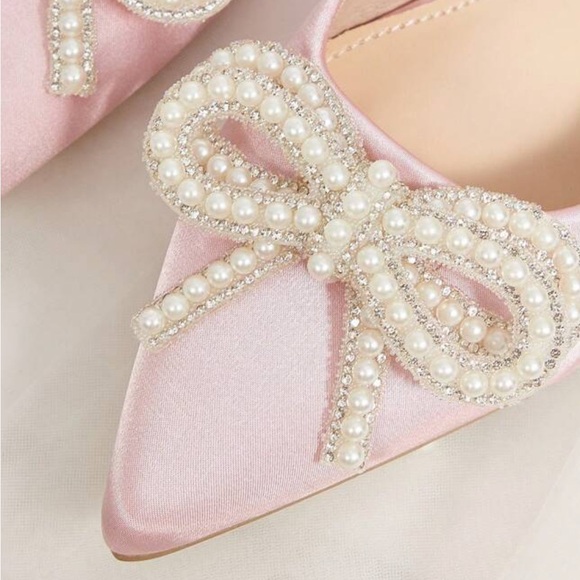 NEW [SHEIN] Pink Satin Slingback Low Heels Pearl Embellished Bow Women’s 8/EU 38 - Picture 4 of 15
